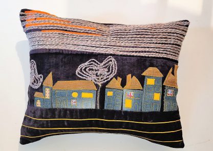 Enchanting Handcrafted Village Scene Cushion - Exquisite Free Motion Embroidery - Image 2
