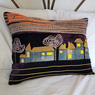 Enchanting Handcrafted Village Scene Cushion - Exquisite Free Motion Embroidery