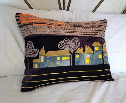 Enchanting Handcrafted Village Scene Cushion - Exquisite Free Motion Embroidery