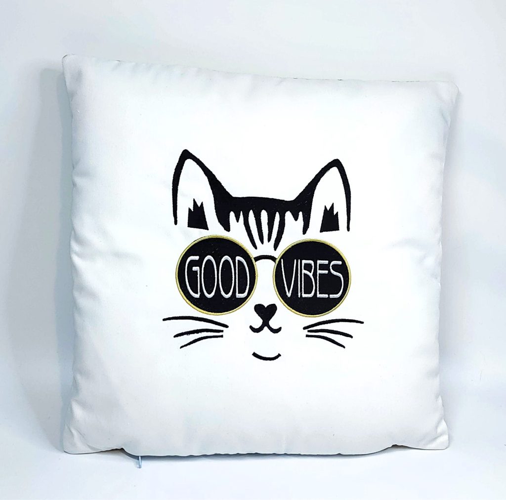 Sewing Handmade embroidery cat cushions- GOOD VIBES